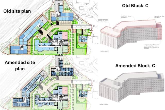 Left: changes to the site plan. Right: changes to Block C. Credit: Day Architectural via Preston Planning.