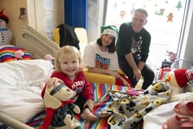 Nevaeh-Leigh Procter of Brierfeld with her toy from Scamp & Dude and actors  Brooke Vincent and Antony Cotton