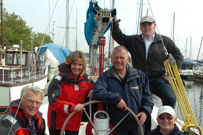 Around the world yachtsman Greg Norris at Preston Marina with Chris Miller (left) and Suzanne Cameron, Graeme and Stephen Kerr in 2012