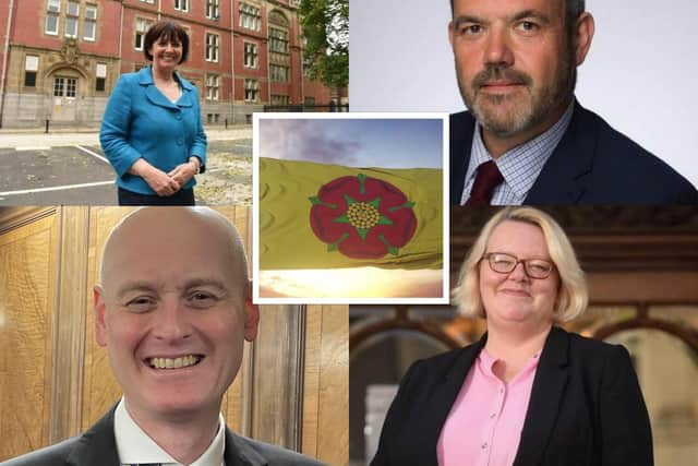 Lancashire County Council leader Phillippa Williamson (top left) and Blackpool Council Council leader Lynn Williams (bottom right) see the proposed devolution deal very differently from South Ribble Borough Council leader Paul Foster (top right) and the leader of Preston City Council Matthew Brown