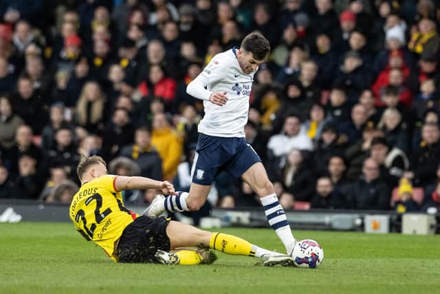 Preston North End's Troy Parrott competing with Watford's Ryan Porteous (left)