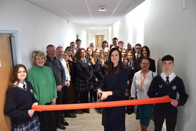 Maya Ellis, MP for Ribble Valley, cuts the ribbon to open the new classroom block at Longridge High School