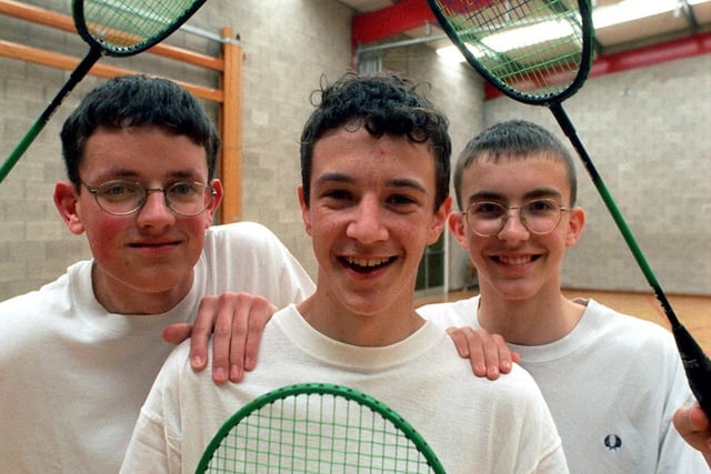 The badminton team from left, Craig Duckworth, 14, Jonathan Smith, 13, and Stephen Turner, 14, from All Hallows RC High School in Penwortham, near Preston, who won the Lancashire under 16s badminton championships