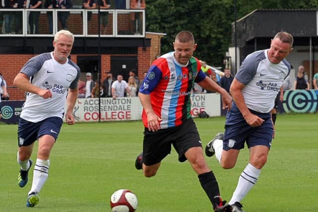 Action from the PNE Legends v Bamber Bridge Vets charity game last July, with Ian Bryson and Chris Holland in action for PNE. Pic: Steven Taylor Photography