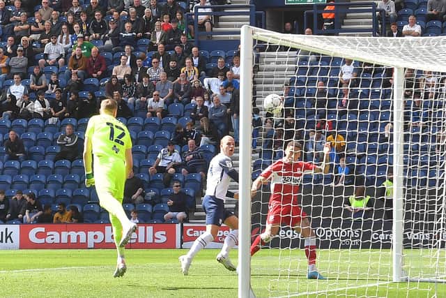 Daniel Iversen is beaten for Middlesbrough's goal against Preston North End at Deepdale