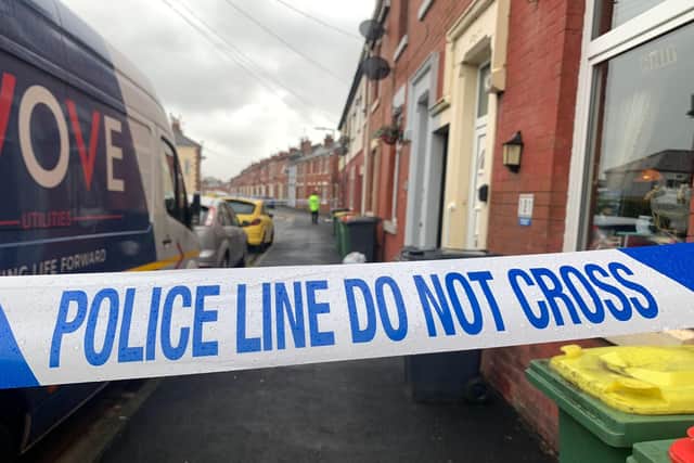 Police at the scene of a double stabbing in Shelley Road, Ashton today (Friday, April 14). Picture by Neil Cross / Lancashire Post
