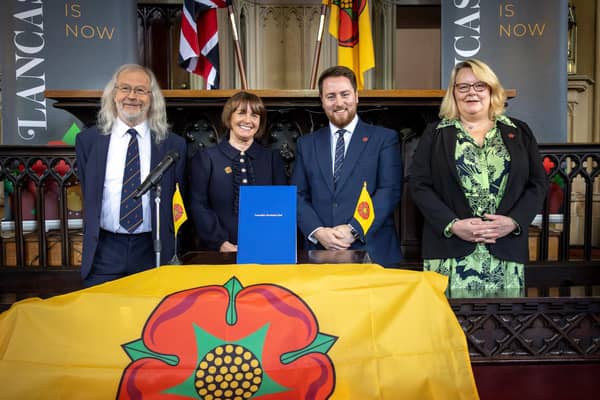 [From left] Blackburn with Darwen Council leader Phil Riley, Lancashire County Council leader Phillippa Williamson, Levelling Up Minister Jacob Young and Blackpool Council leader Lynn Williams after the devolution deal was signed at Lancaster Castle (image: Martin Bostock Photography)