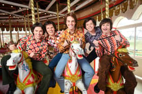 The cast of The Osmonds musical swapped Crazy Horses for carousel horses as they went along to Blackpool Pleasure Beach head of opening night. Pictured are Alex Lodge as Jay, Jamie Chatterton as Alan, Ryan Anderson as Merrill, Joseph Peacock as Donny and Danny Nattrass as Wayne.