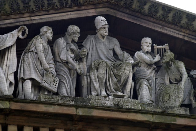 A close-up view of the architecture of the Harris Museum and Art Gallery in Preston