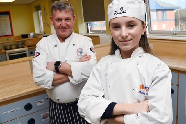 Young chef Diana Kysheniuk, 15, who moved from Ukraine to Lancashire in September and is a pupil at Ormskirk High School, is one of the finalists in the national final of Springboard Future Chef 2023 competition.  Diana is pictured with mentor chef James Holden of the Royal Academy of Culinary Arts.