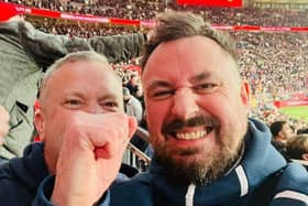 Martin Hibbert (right), from Chorley, who survived the Manchester Arena terror attack, and Paul Harvey, the paramedic who saved his life, at Wembley after Manchester United beat Brighton in the FA Cup semi final