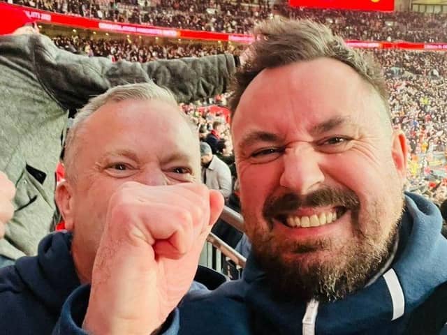 Martin Hibbert (right), from Chorley, who survived the Manchester Arena terror attack, and Paul Harvey, the paramedic who saved his life, at Wembley after Manchester United beat Brighton in the FA Cup semi final