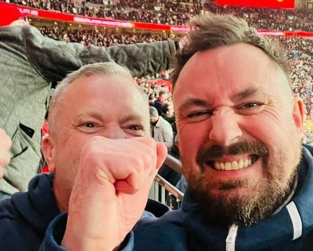 Martin Hibbert (right), from Chorley, who survived the Manchester Arena terror attack, and Paul Harvey, the paramedic who saved his life, at Wembley after Manchester United beat Brighton in the FA Cup semi final