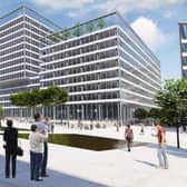 The proposed new public space and office development opposite the Butler Street entrance to Preston railway station - but can it happen without HS2?  (image: BDP)