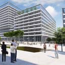 The proposed new public space and office development opposite the Butler Street entrance to Preston railway station - but can it happen without HS2?  (image: BDP)