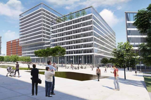 The proposed new public space and office development opposite the Butler Street entrance to Preston railway station - but can it happen without HS2?  (image: BDP)