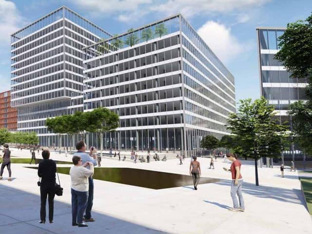 The proposed new public space and office development opposite the Butler Street entrance to Preston railway station - but can it happen without HS2?  (image: BDP)