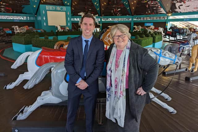 Work Minister Therese Coffey with Scott Benton at Blackpool Pleasure Beach where a Department of Works and Pensions' jobs fair was held