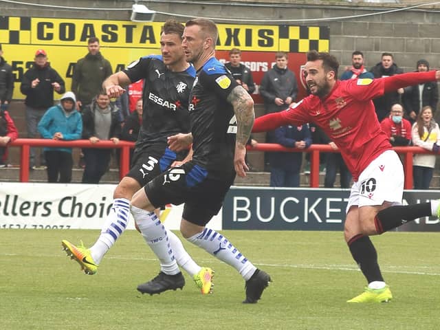 Aaron Wildig scores the goal against Tranmere Rovers that sent Morecambe to last year's play-off final