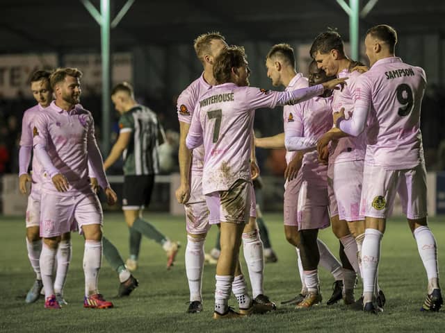 Chorley celebrate Mike Calveley's goal at Blyth (photo: David Airey/@dia_images)