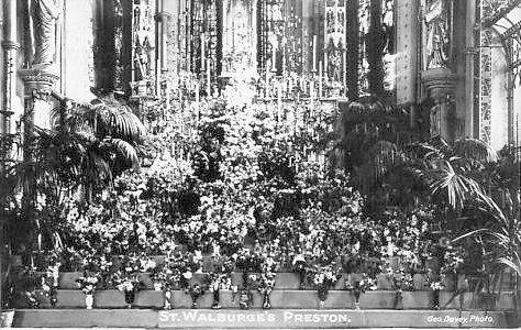 St Walburge's Preston - Black and white postcard by George Devey showing the Altar decorations.