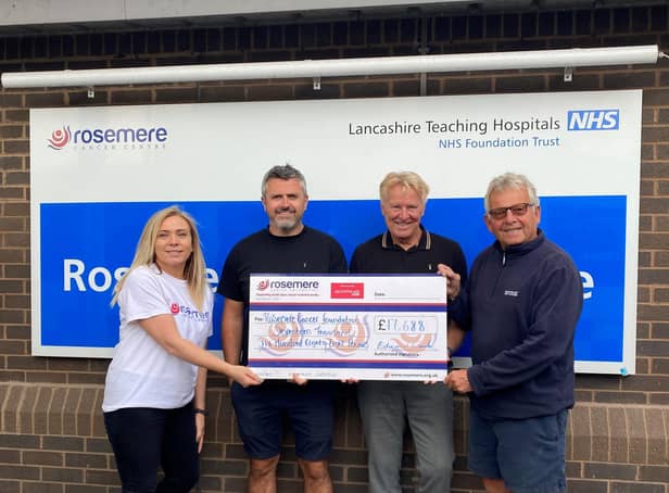 Rosemere Cancer Foundation community fundraiser Yvonne Stott, is present with the proceeds of the Classic Cars on the Green event by  event organisers Paul Rotherham and Edward Cook (right) and event sponsor Phil Lee, of Auto Expert Blackpool (second left).