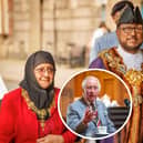 Cllr Yakub Patel and his wife Rashida had been waiting to catch a glimpse of King Charles (inset) at the Buckingham Palace garden party - but got much more than they were expecting [main image courtesy of Michael Porter Photography]