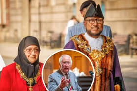 Cllr Yakub Patel and his wife had been waiting to catch a glimpse of King Charles (inset) at the Buckingham Palace garden party - but got much more than they were expecting [main image courtesy of Michael Porter Photography]