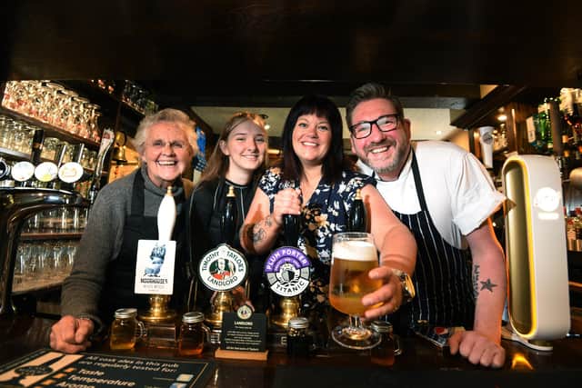 Couple Nicola Denham and Mark Webster (two on the right) are putting their stamp on The Grapes Inn in Goosnargh. Pictured with staff members Helen Rossall (far left) and Niamh Quigg.