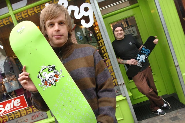 Chris Davidson, a member of the Preston Skateparks project, with president Robert Frost, outside Scene, the skate store on Friargate