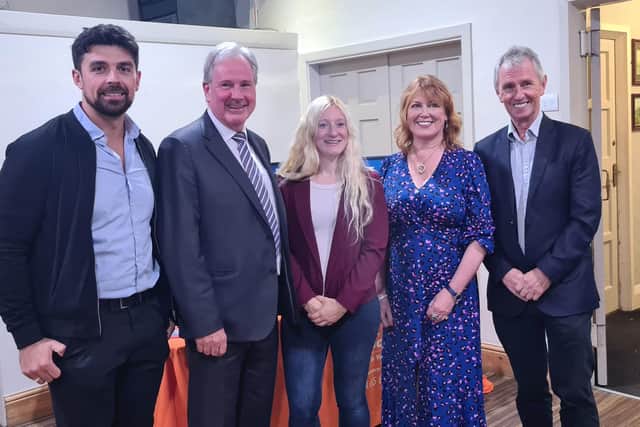Pictured at the launch of the Golden Cinema project are (left to right) Councillors Michael Graveston, Stuart Hirst and Sophie Cowman, Right at Home owner Julie Foote
and Nigel Evans MP