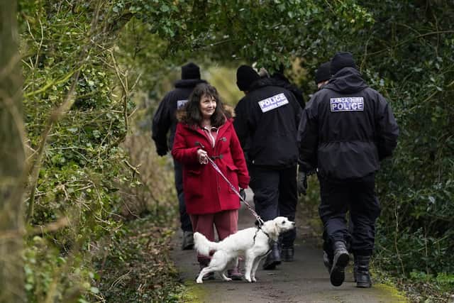 Christine Bowman, 67, who has been identified as a dog walker who may have been one of the last people to see Nicola Bulley before her disappearance, walking her dog in St Michael's on Wyre, Lancashire. Police continue their search for missing woman Nicola Bulley, 45, who was last seen on the morning of Friday January 27, when she was spotted walking her dog on a footpath by the nearby River Wyre. Picture date: Friday February 3, 2023.