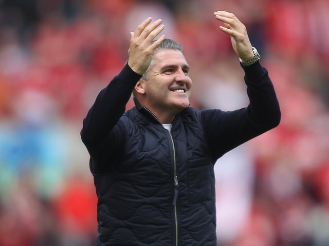 Lowe interacts with the fans after PNE finish their season with a 4-1 win over Middlesbrough