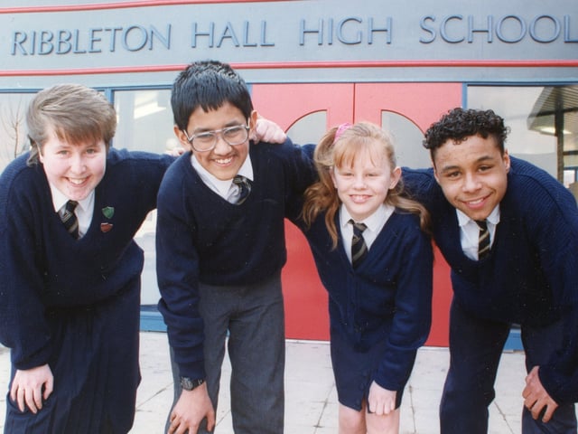 Pupils (from left) Lesley-Ann, Rizwan, Jacqueline-Ann, and Jermaine, all pleased as punch when they got to see inside their new school - Ribbleton Hall High - back in 1991