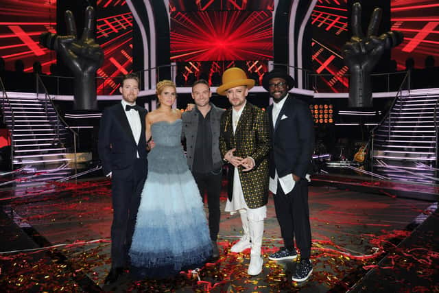 Kevin Simm at The Voice Live Final 2016 with coaches, Ricky Wilson, Paloma Faith, Boy George and Will.i.am. (Photo by Eamonn M. McCormack/Getty Images)