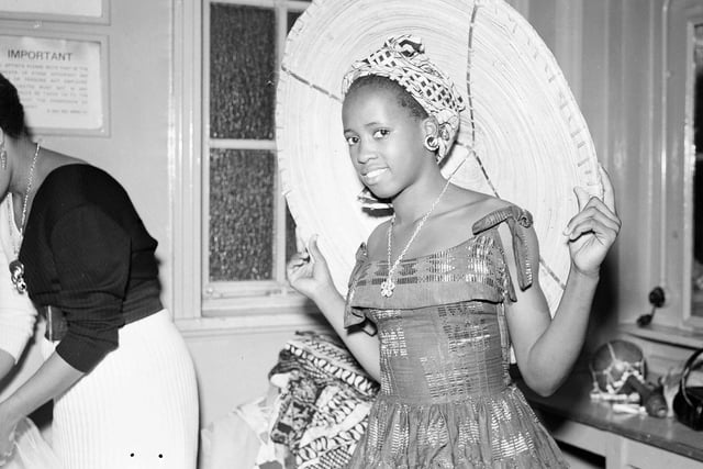 A member of the 'Ballets Africains de Keita Fodeba' African dance troupe rehearsing at the Empire Theatre during the Edinburgh Festival in 1957.