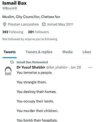 The retweet from Cllr Ismail Bax in the wake of an attack on a synagogue in Jersusalem in January
