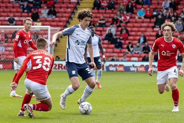 Preston North End's Mikey O'Neill on the attack against Barnsley at Oakwell