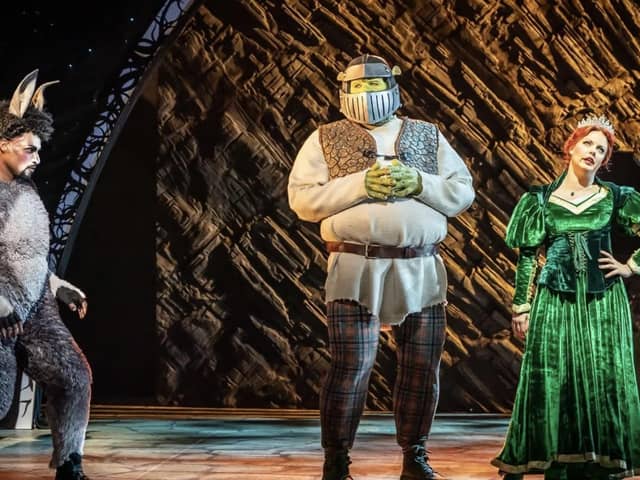 Shrek The Musical stars Brandon Lee Sears as Donkey, Antony Lawrence as Shrek and Joanne Clifton as Princess Fiona.