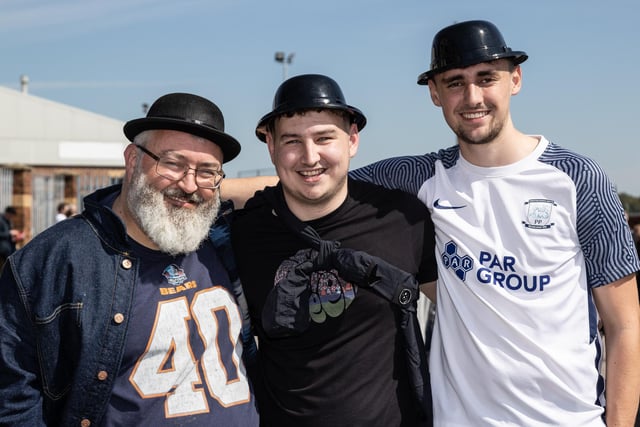 These three fellas get ready for North End's game on Gentry Day at Barnsley