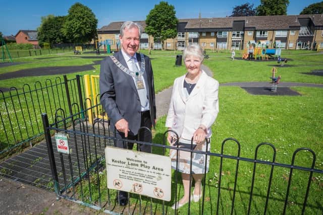 Ribble Valley Mayor Stuart Hirst and Longridge councillor Angeline Humphreys at the Kestor Lane play area.