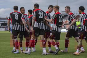 Chorley celebrate Kole Hall's goal in their 5-0 romp over Radcliffe last weekend (photo: David Airey/dia_images)