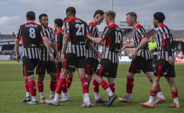 Chorley celebrate Kole Hall's goal in their 5-0 romp over Radcliffe last weekend (photo: David Airey/dia_images)