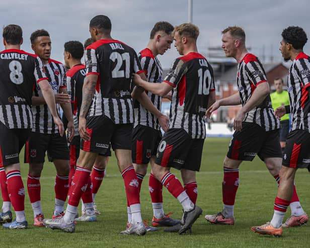 Chorley celebrate Kole Hall's goal in their 5-0 romp over Radcliffe last weekend (photo: David Airey/dia_images)