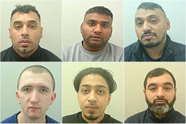 (Top row L-R) Idnan Yakub, Yaser Kabel and Nasar Kabel (Bottom row L-R) Callum Bradley, Hassan Mahmood and Babber Maqsood (Credit: Lancashire Police)