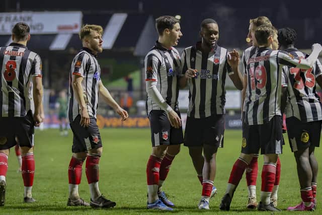 Chorley celebrate scoring in their 3-1 win over Gloucester City in midweek (photo: David Airey/dia_images)