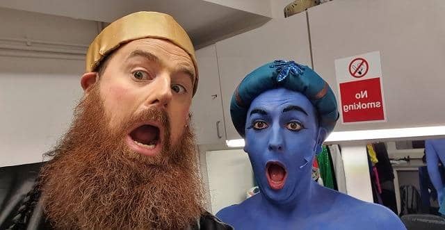 Chris Watts (left) playing the emperor in Aladdin, is getting ready to shave off his 20 year old beard so he can play one of Cinderella's ugly sisters. He also hopes to raise £1,000 for Derian House Children's Hospice