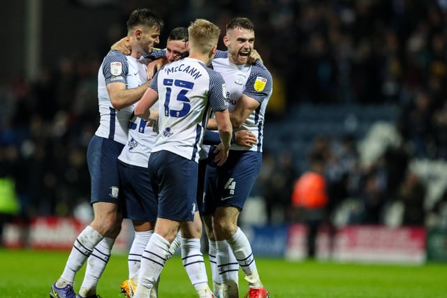 Preston North End's Ben Whiteman, Ali McCann, Andrew Hughes and Alan Browne celebrate after the game