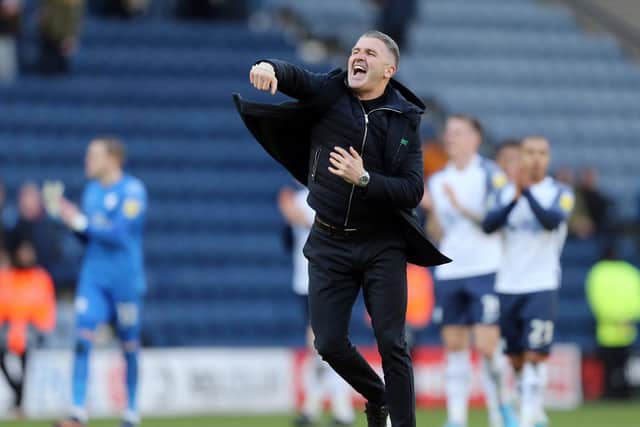Ryan Lowe celebrates Preston North End's victory against Bournemouth at Deepdale