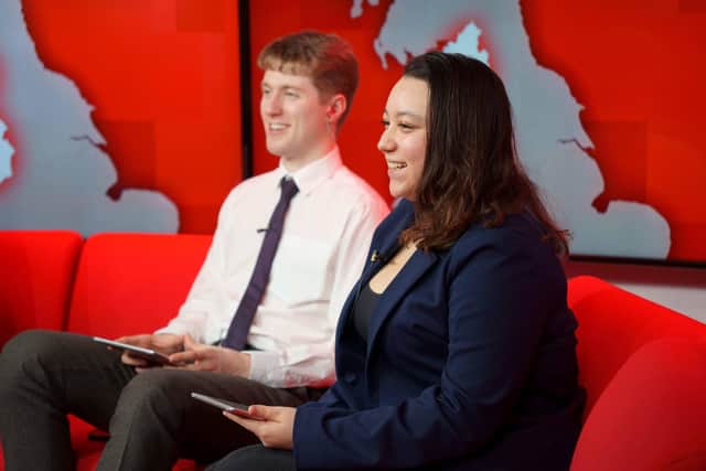 3rd year BA (Hons) Journalism students, Connor Gracey and Rebecca Thompson, in the TV studio.